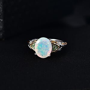D'Joy Premium Ethiopian Welo Opal and Tsavorite Garnet 1.80 ctw Aurora Leaf Crest Ring in 18K Vermeil YG and Rhodium Over Sterling Silver (Size 10.0)