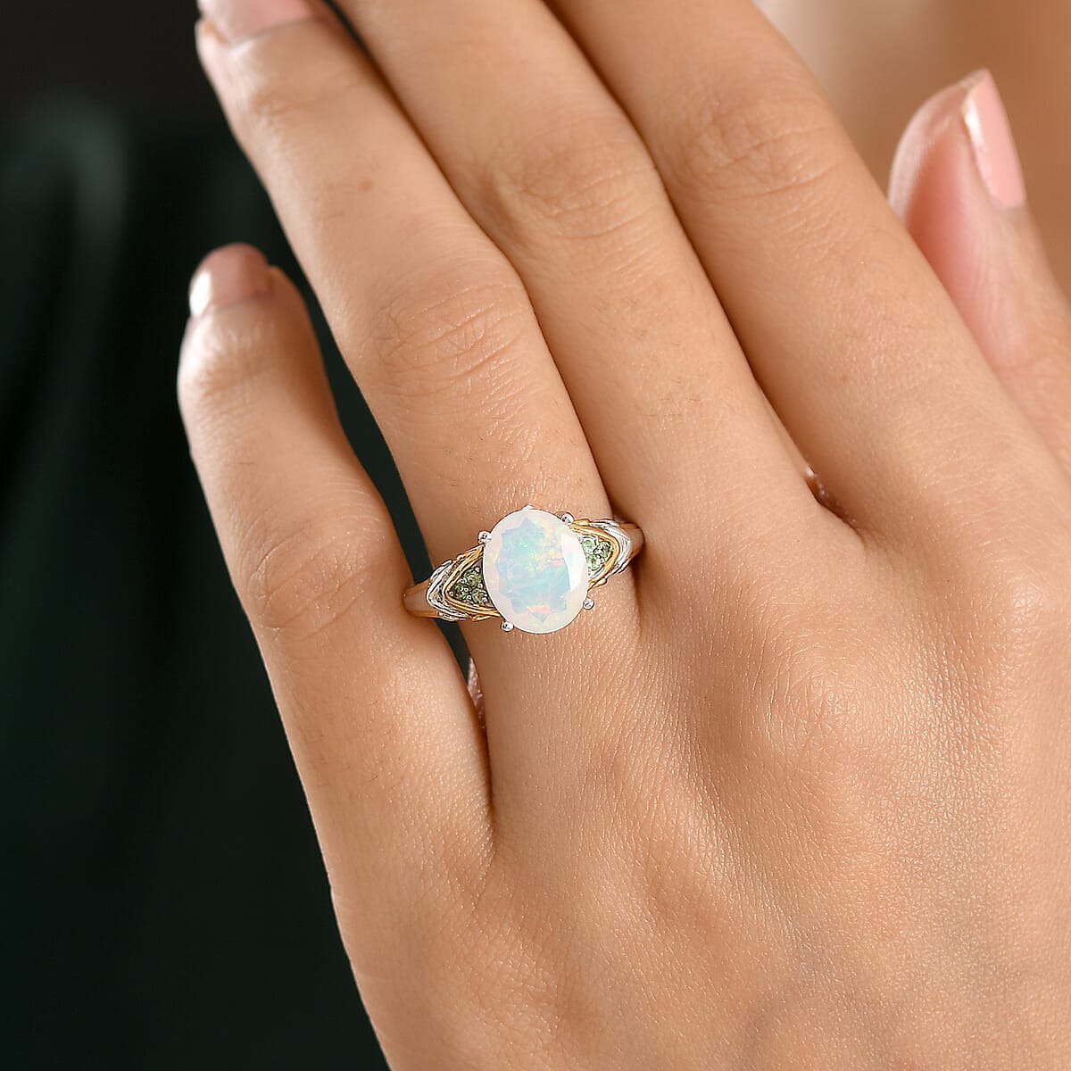 D'Joy Premium Ethiopian Welo Opal and Tsavorite Garnet 1.80 ctw Aurora Muse Ring in 18K Vermeil YG and Rhodium Over Sterling Silver (Size 10.0) image number 2