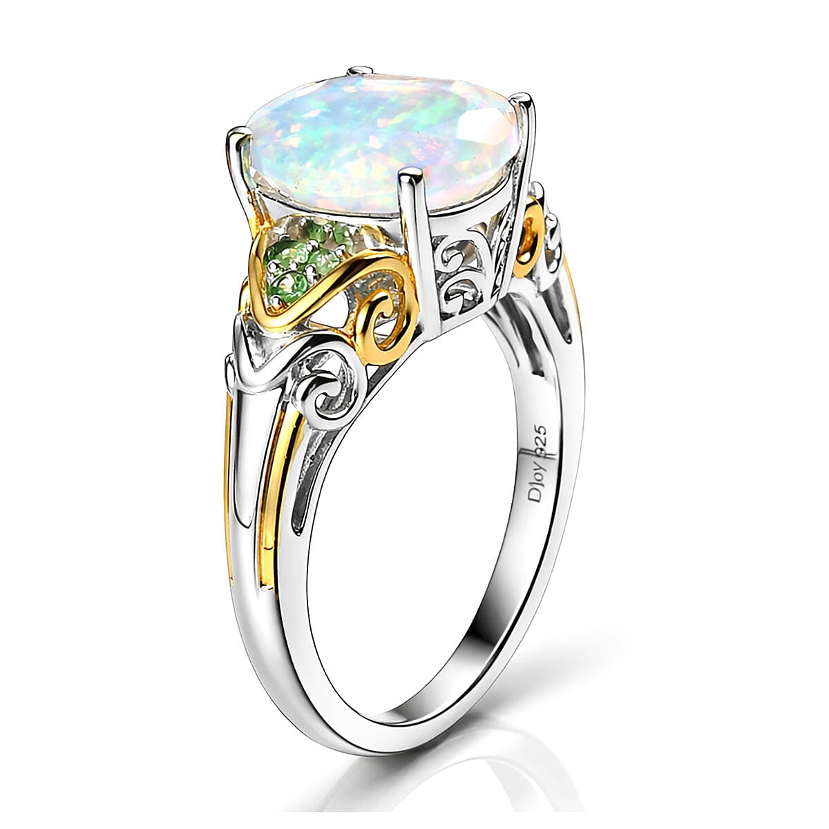 D'Joy Premium Ethiopian Welo Opal and Tsavorite Garnet 1.80 ctw Ring in 18K Vermeil YG and Rhodium Over Sterling Silver (Size 7.0) image number 3