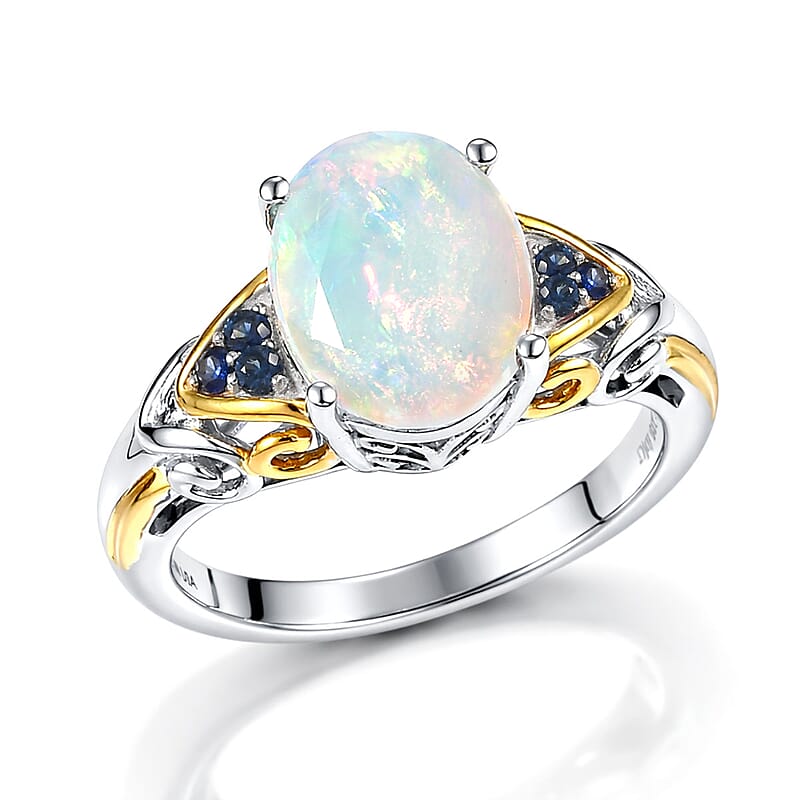 D'Joy Premium Ethiopian Welo Opal and Tsavorite Garnet 2.30 ctw Aurora Leaf Crest Ring in 18K Vermeil YG and Rhodium Over Sterling Silver (Size 10.0)