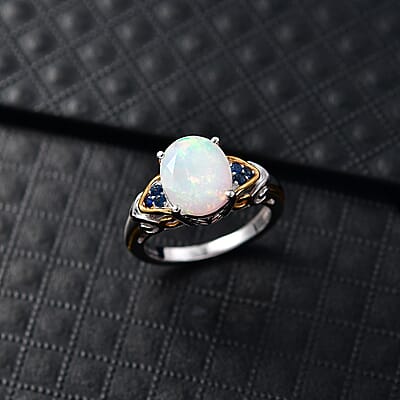 D'Joy Premium Ethiopian Welo Opal and Tsavorite Garnet 2.30 ctw Aurora Leaf Crest Ring in 18K Vermeil YG and Rhodium Over Sterling Silver (Size 10.0)
