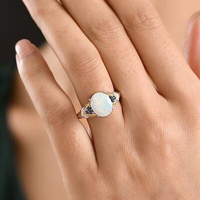 D'Joy Premium Ethiopian Welo Opal and Tsavorite Garnet 2.30 ctw Aurora Leaf Crest Ring in 18K Vermeil YG and Rhodium Over Sterling Silver (Size 10.0)
