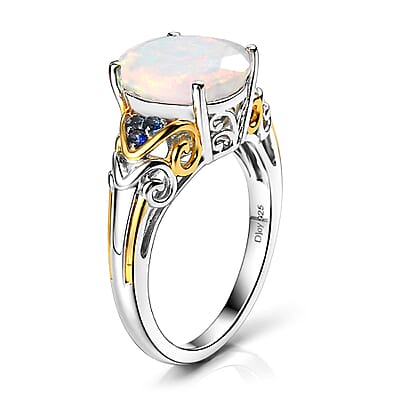 D'Joy Premium Ethiopian Welo Opal and Tsavorite Garnet 2.30 ctw Aurora Leaf Crest Ring in 18K Vermeil YG and Rhodium Over Sterling Silver (Size 10.0)
