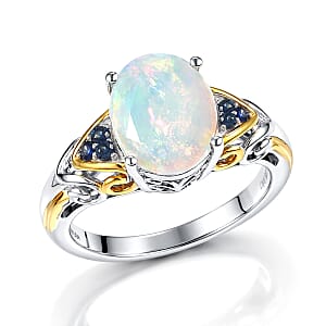 D'Joy Premium Ethiopian Welo Opal and Tsavorite Garnet 2.30 ctw Aurora Leaf Crest Ring in 18K Vermeil YG and Rhodium Over Sterling Silver (Size 7.0)