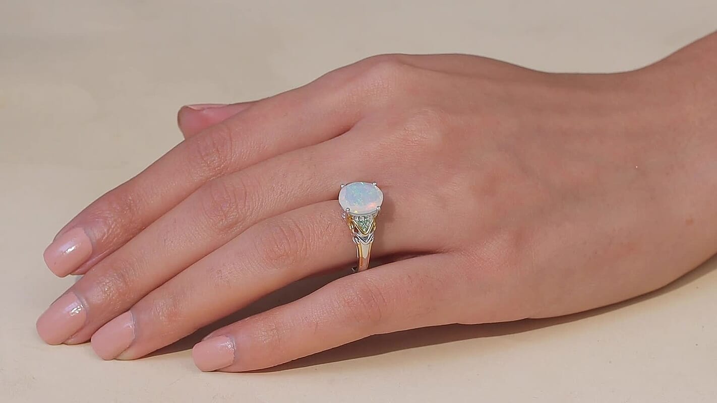 D'Joy Premium Ethiopian Welo Opal, Tsavorite Garnet Ring in 18K Vermeil YG and Rhodium Over Sterling Silver (Size 7.0) 1.80 ctw