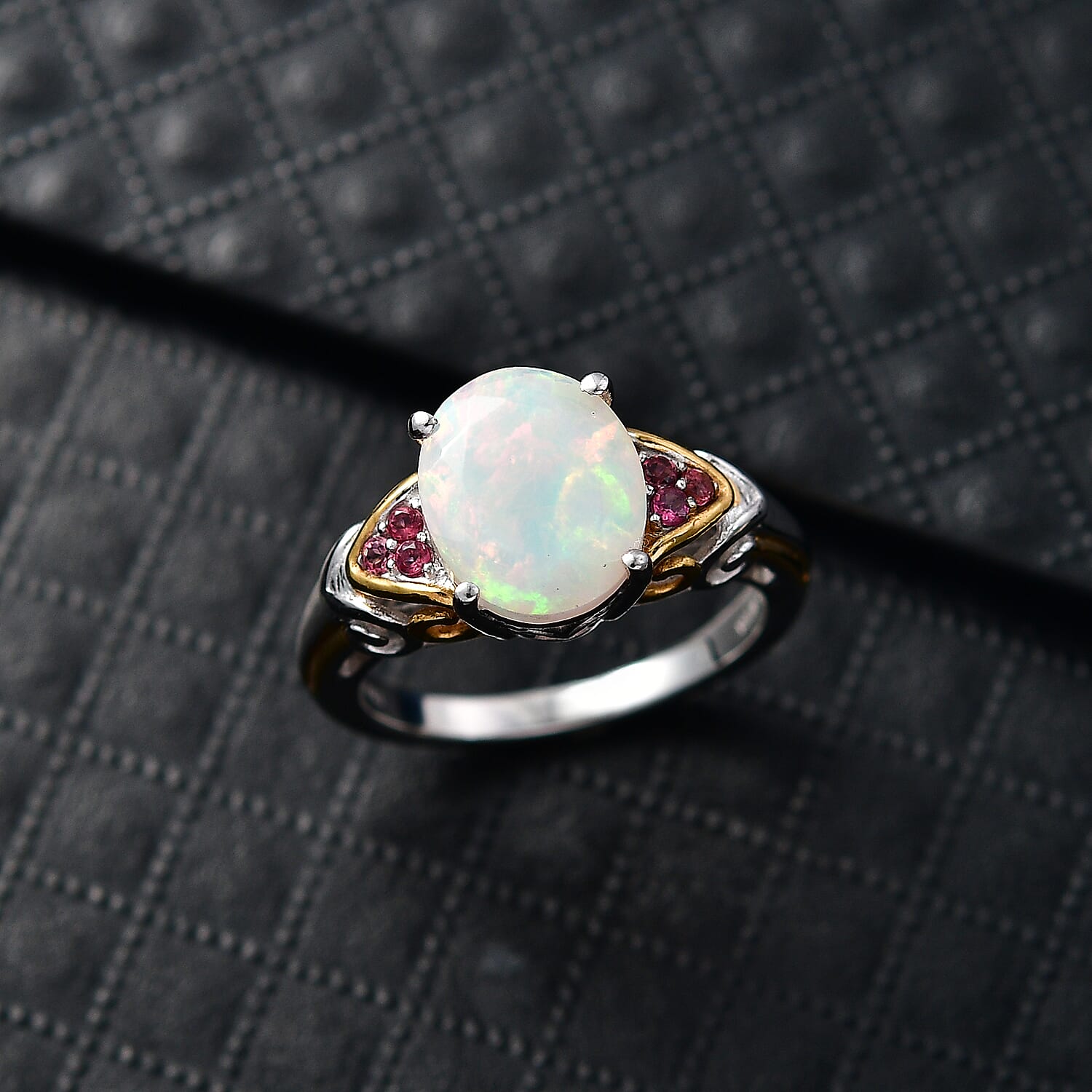 D'Joy Premium Ethiopian Welo Opal and Ouro Fino Rubellite 2.20 ctw Aurora Leaf Crest Ring in 18K Vermeil YG and Rhodium Over Sterling Silver (Size 10.0)