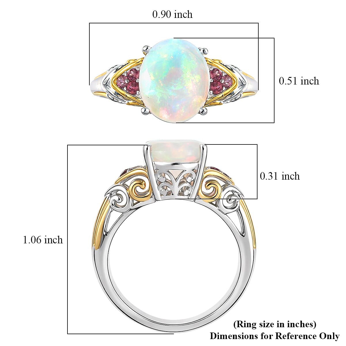 D'Joy Premium Ethiopian Welo Opal and Ouro Fino Rubellite 2.20 ctw Aurora Leaf Crest Ring in 18K Vermeil YG and Rhodium Over Sterling Silver (Size 10.0)