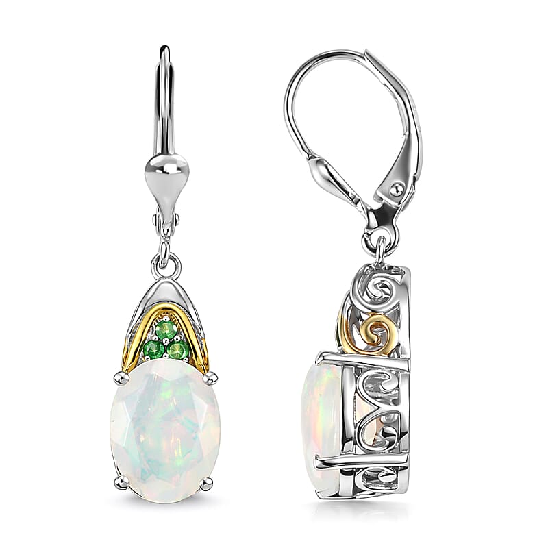 D'Joy Premium Ethiopian Welo Opal and Tsavorite Garnet 3.30 ctw Aurora Leaf Crest Earrings in 18K Vermeil YG and Rhodium Over Sterling Silver
