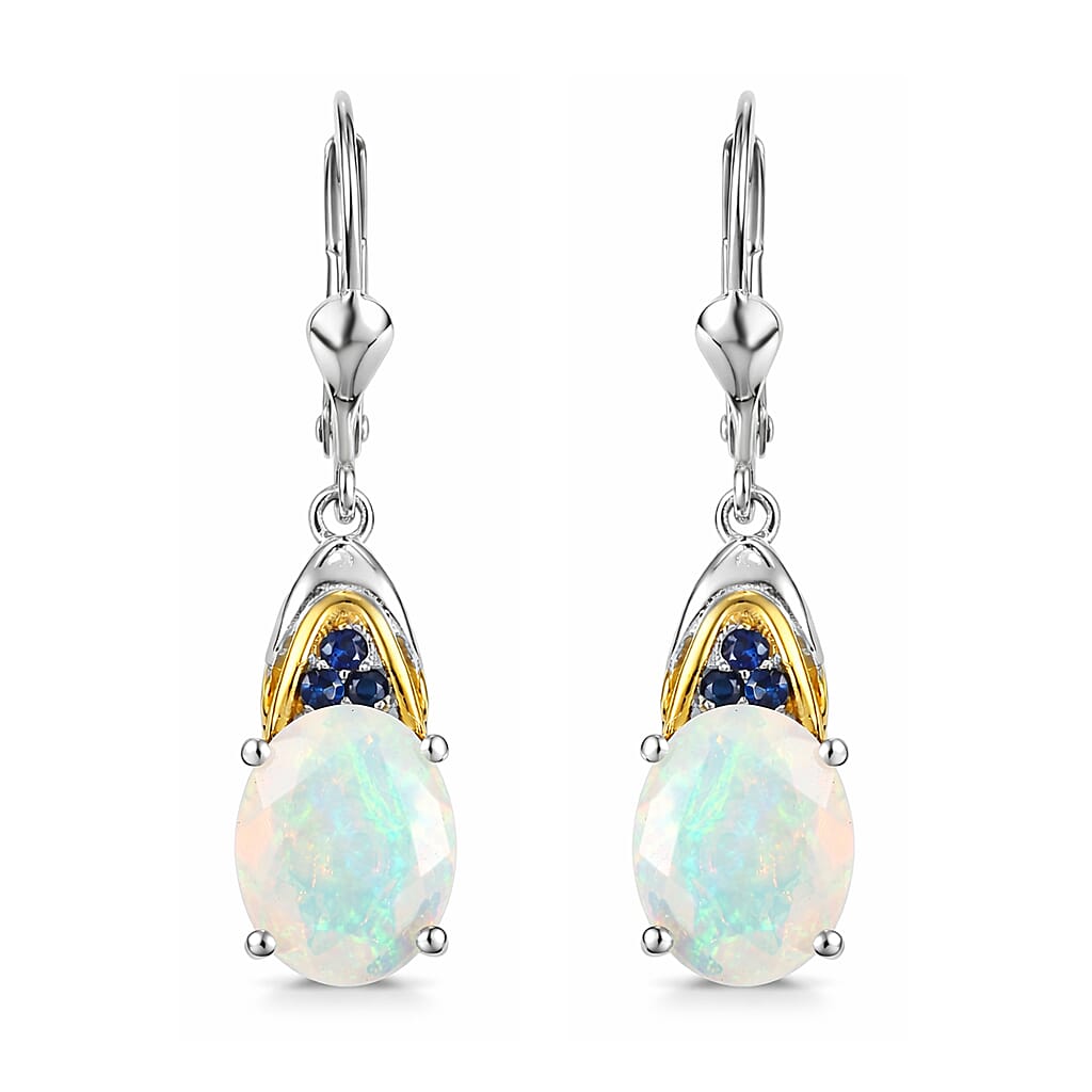 D'Joy Premium Ethiopian Welo Opal and Ceylon Blue Sapphire 3.35 ctw Aurora Leaf Crest Earrings in 18K Vermeil YG and Rhodium Over Sterling Silver