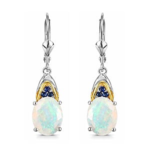 D'Joy Premium Ethiopian Welo Opal and Ceylon Blue Sapphire 3.35 ctw Aurora Leaf Crest Earrings in 18K Vermeil YG and Rhodium Over Sterling Silver