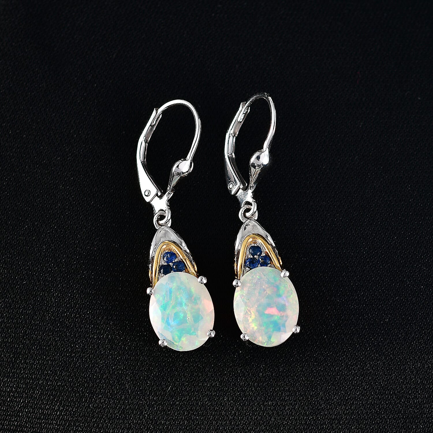 D'Joy Premium Ethiopian Welo Opal and Ceylon Blue Sapphire 3.35 ctw Aurora Leaf Crest Earrings in 18K Vermeil YG and Rhodium Over Sterling Silver