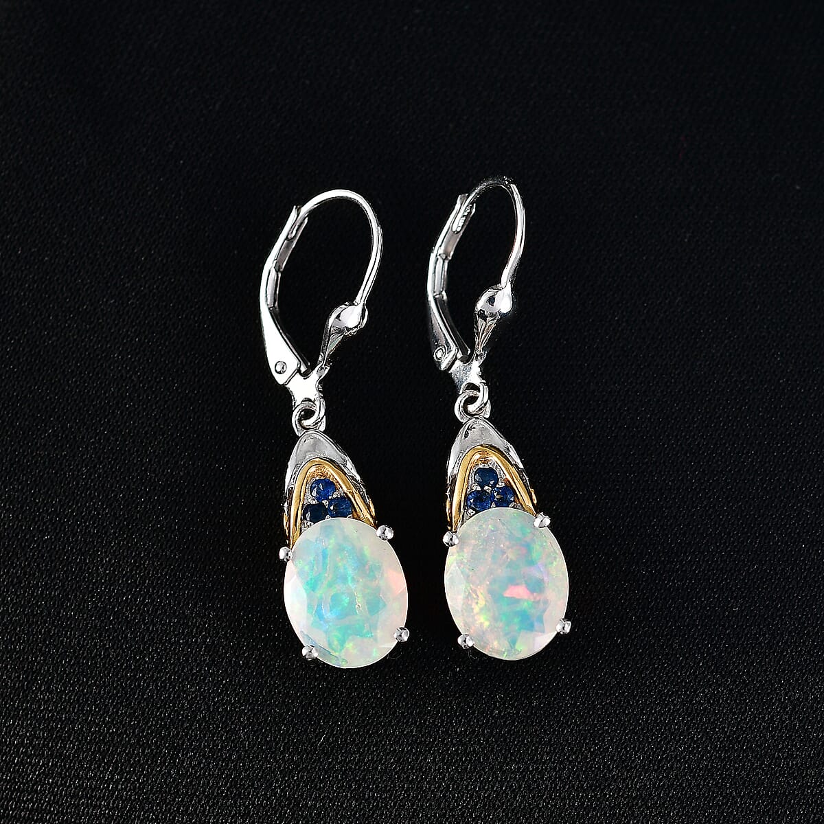 D'Joy Premium Ethiopian Welo Opal and Ceylon Blue Sapphire 3.35 ctw Aurora Leaf Crest Earrings in 18K Vermeil YG and Rhodium Over Sterling Silver image number 1