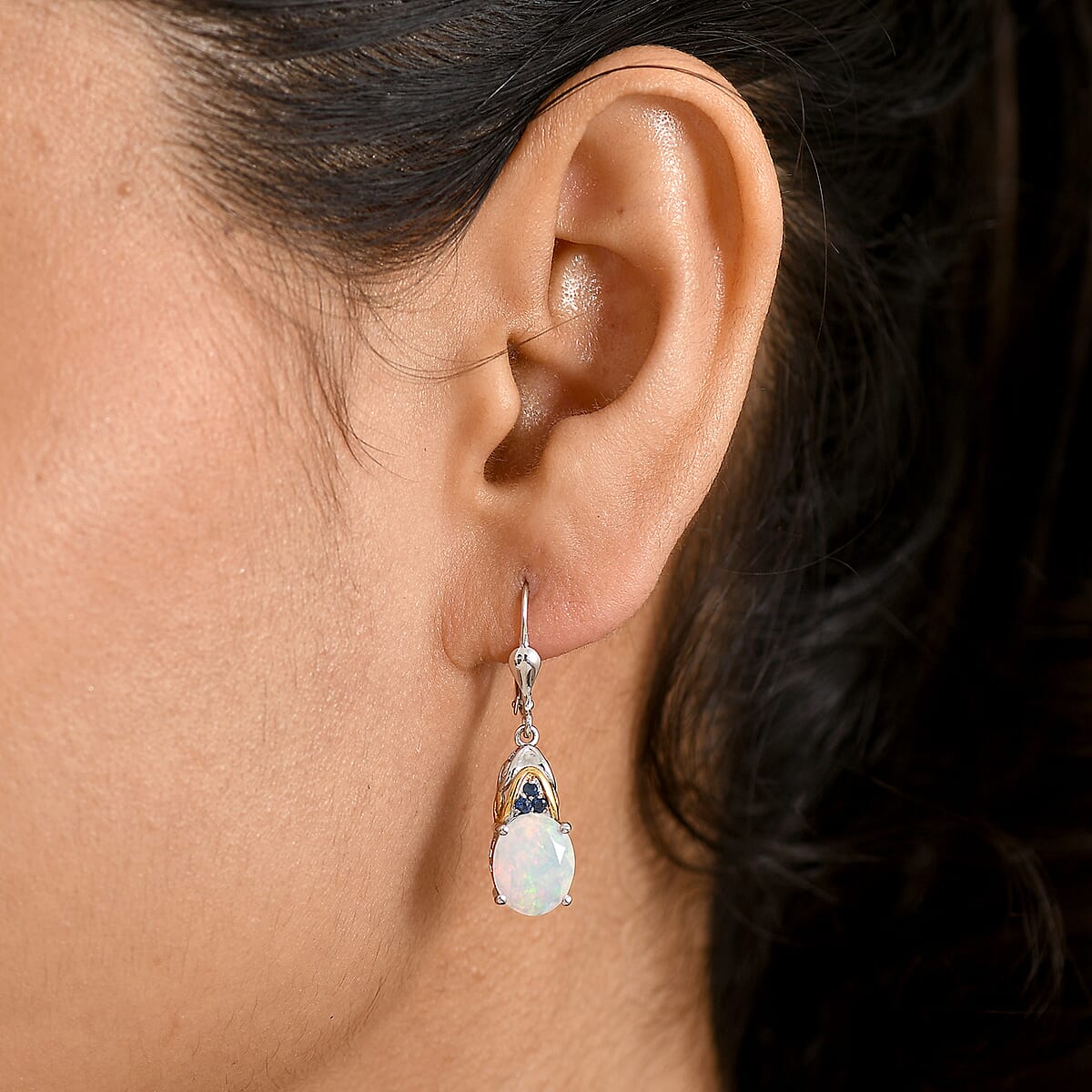 D'Joy Premium Ethiopian Welo Opal and Ceylon Blue Sapphire 3.35 ctw Aurora Leaf Crest Earrings in 18K Vermeil YG and Rhodium Over Sterling Silver image number 2