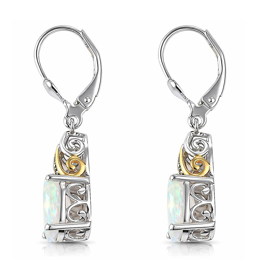 D'Joy Premium Ethiopian Welo Opal and Ceylon Blue Sapphire 3.35 ctw Aurora Leaf Crest Earrings in 18K Vermeil YG and Rhodium Over Sterling Silver