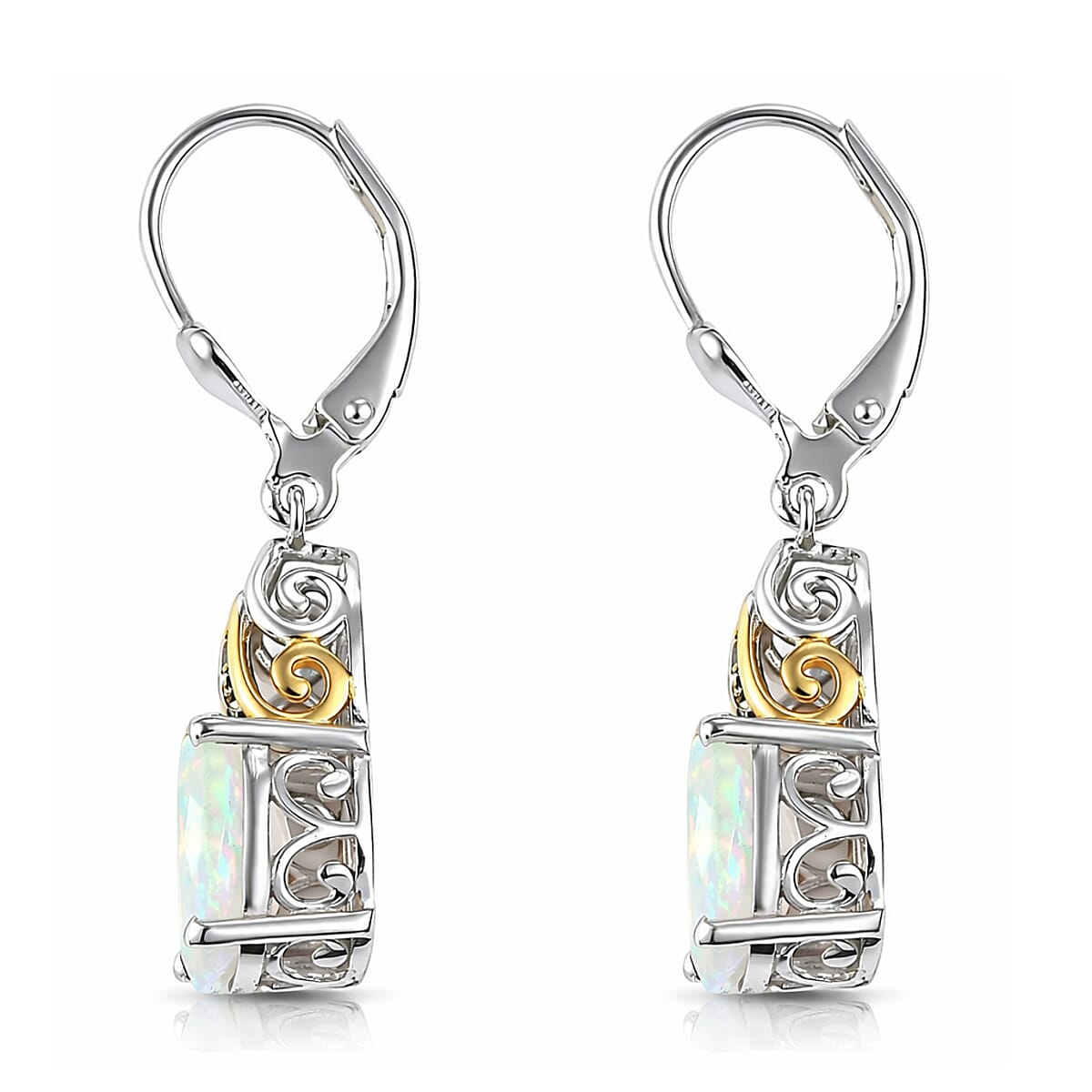 D'Joy Premium Ethiopian Welo Opal and Ceylon Blue Sapphire 3.35 ctw Aurora Leaf Crest Earrings in 18K Vermeil YG and Rhodium Over Sterling Silver image number 3