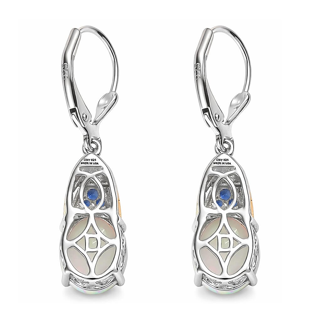 D'Joy Premium Ethiopian Welo Opal and Ceylon Blue Sapphire 3.35 ctw Aurora Leaf Crest Earrings in 18K Vermeil YG and Rhodium Over Sterling Silver