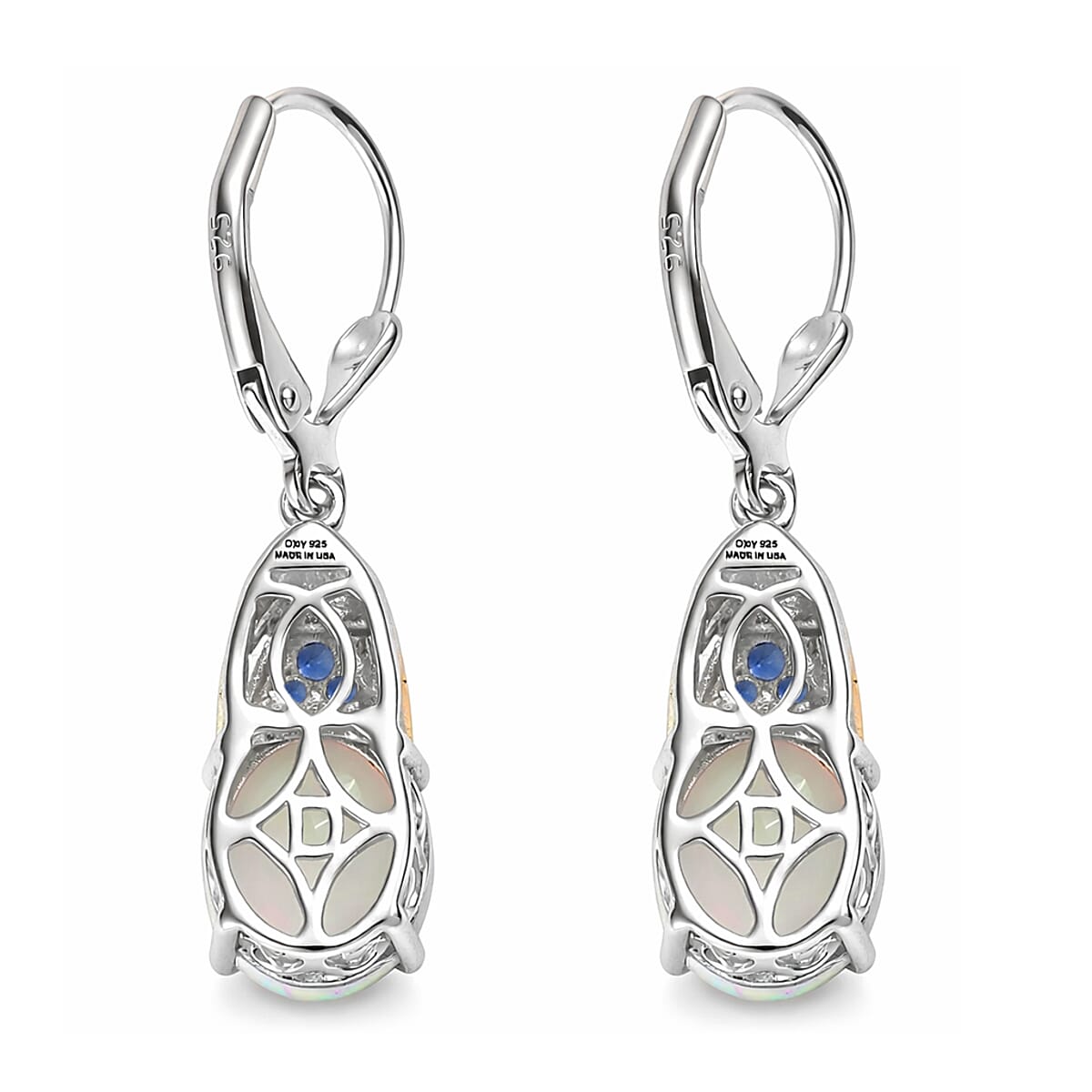 D'Joy Premium Ethiopian Welo Opal and Ceylon Blue Sapphire 3.35 ctw Aurora Leaf Crest Earrings in 18K Vermeil YG and Rhodium Over Sterling Silver image number 4