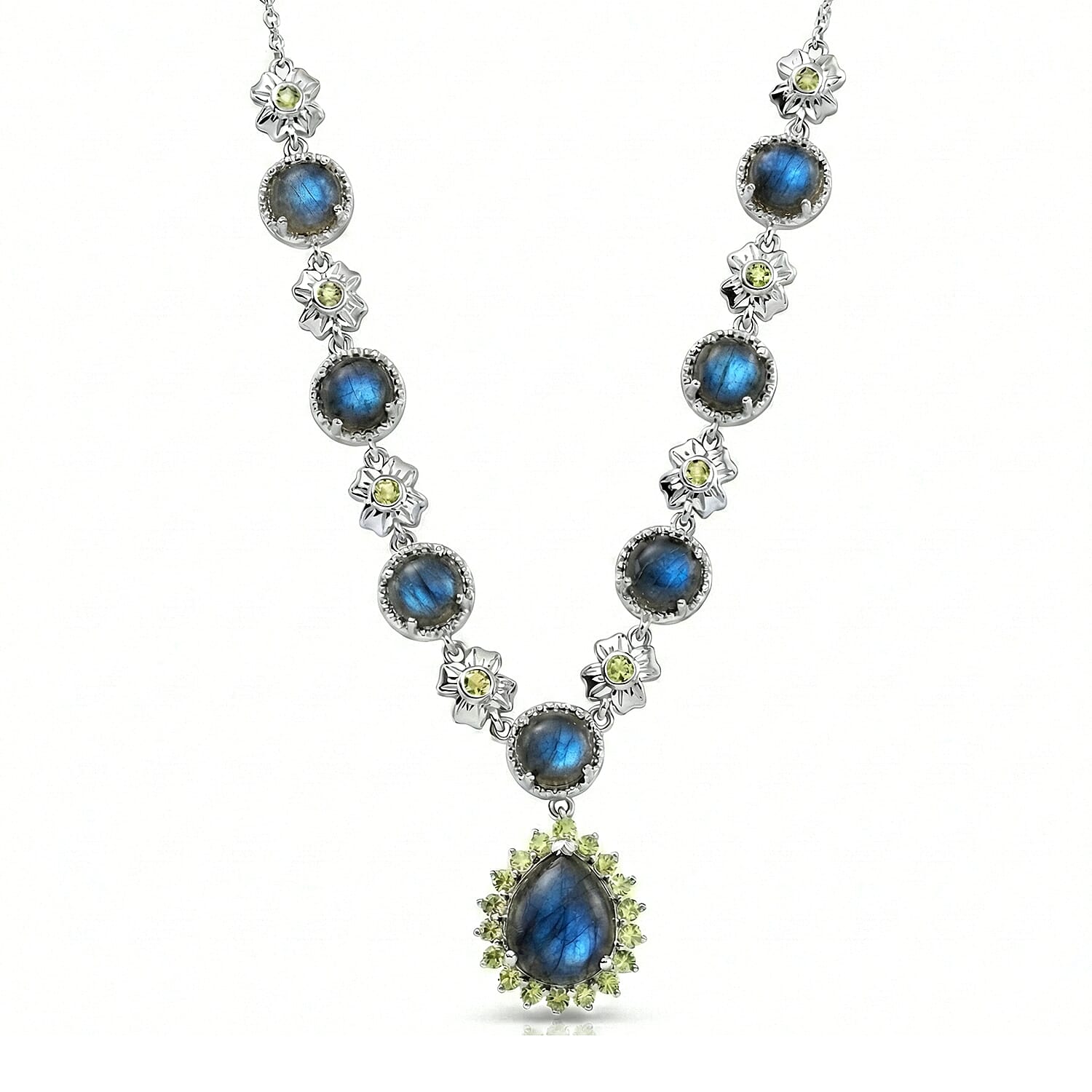 EverTrue Malagasy Labradorite and Hebei Peridot 11.50 ctw Mystic Bloom Necklace in Platinum Bond 18 Inches