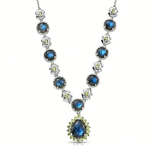 EverTrue Malagasy Labradorite and Hebei Peridot 11.50 ctw Mystic Bloom Necklace in Platinum Bond 18 Inches (Del. in 7-10 Days)