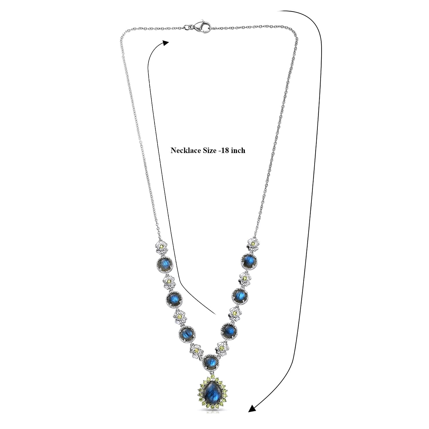 EverTrue Malagasy Labradorite and Hebei Peridot 11.50 ctw Mystic Bloom Necklace in Platinum Bond 18 Inches