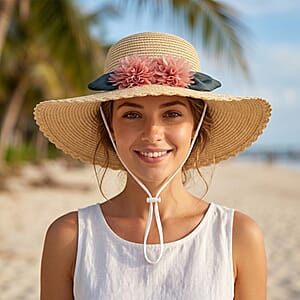 Passage Straw Sun Hat with Floral Bow - Beige