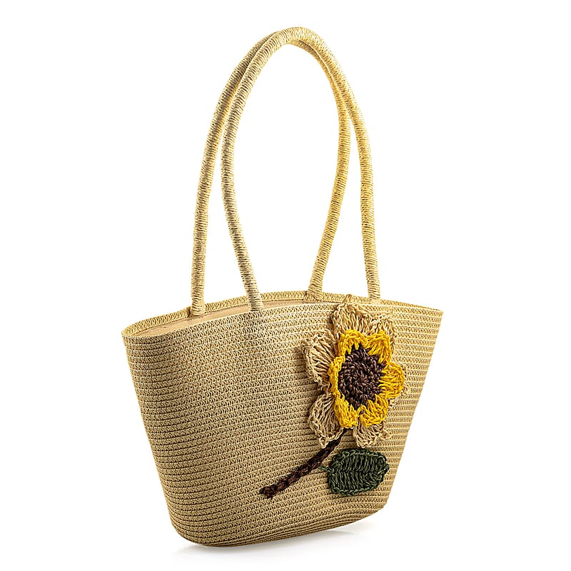 Passage Beige Paper Straw Flower Tote Bag