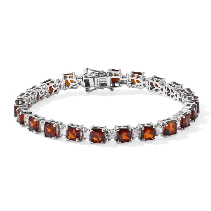 D'Joy Asscher Cut Premium Red Citrine and Moissanite 16.25 ctw Architectural Grid Window Bracelet in Rhodium Over Sterling Silver (7.25 In)