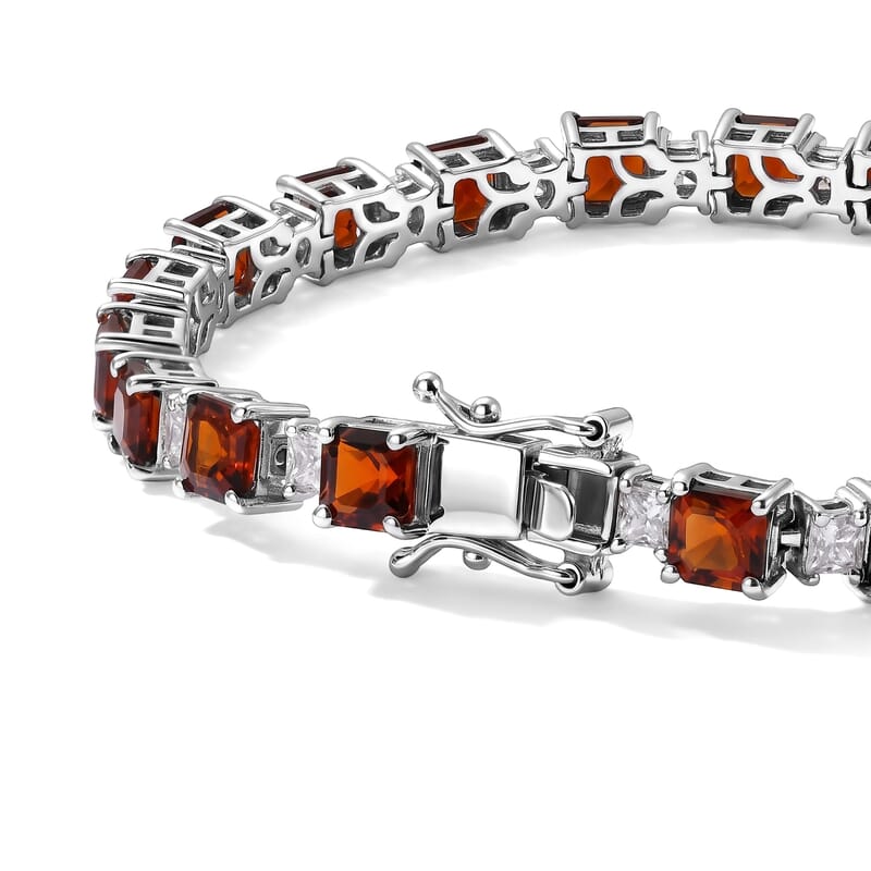 D'Joy Asscher Cut Premium Red Citrine and Moissanite 16.25 ctw Architectural Grid Window Bracelet in Rhodium Over Sterling Silver (7.25 In)