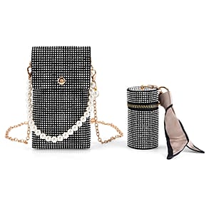 La Marey Silver Rhinestone Faux Leather Crossbody Bag with Lipstick Pouch