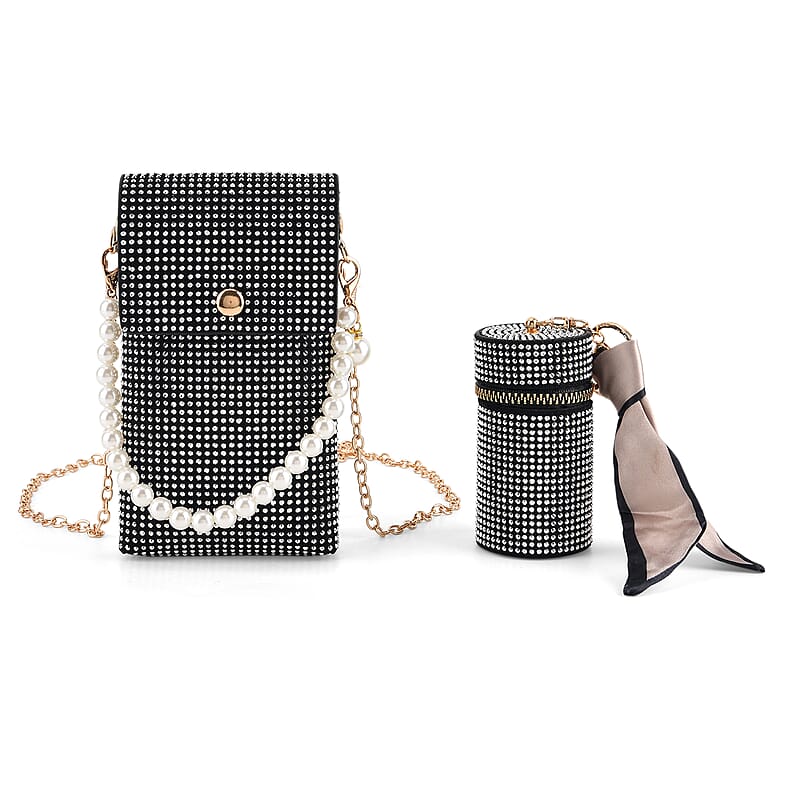 La Marey Silver Rhinestone Faux Leather Crossbody Bag with Lipstick Pouch