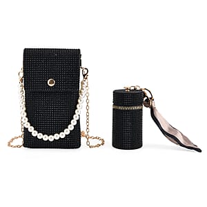 La Marey Black Rhinestone Faux Leather Crossbody Bag with Lipstick Pouch