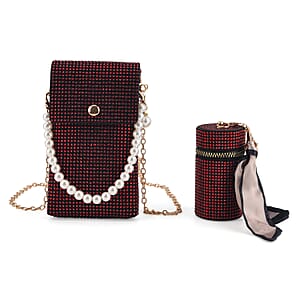 La Marey Red Rhinestone Faux Leather Crossbody Bag with Lipstick Pouch