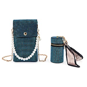La Marey Blue Rhinestone Faux Leather Crossbody Bag with Lipstick Pouch