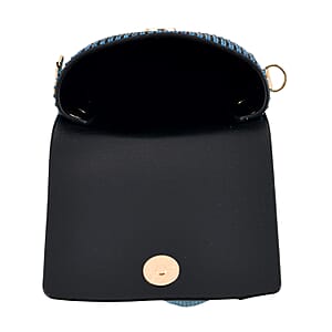 La Marey Blue Rhinestone Faux Leather Crossbody Bag with Lipstick Pouch