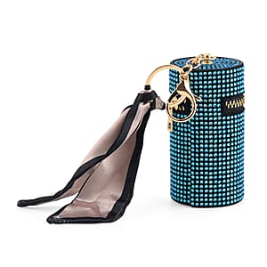 La Marey Blue Rhinestone Faux Leather Crossbody Bag with Lipstick Pouch