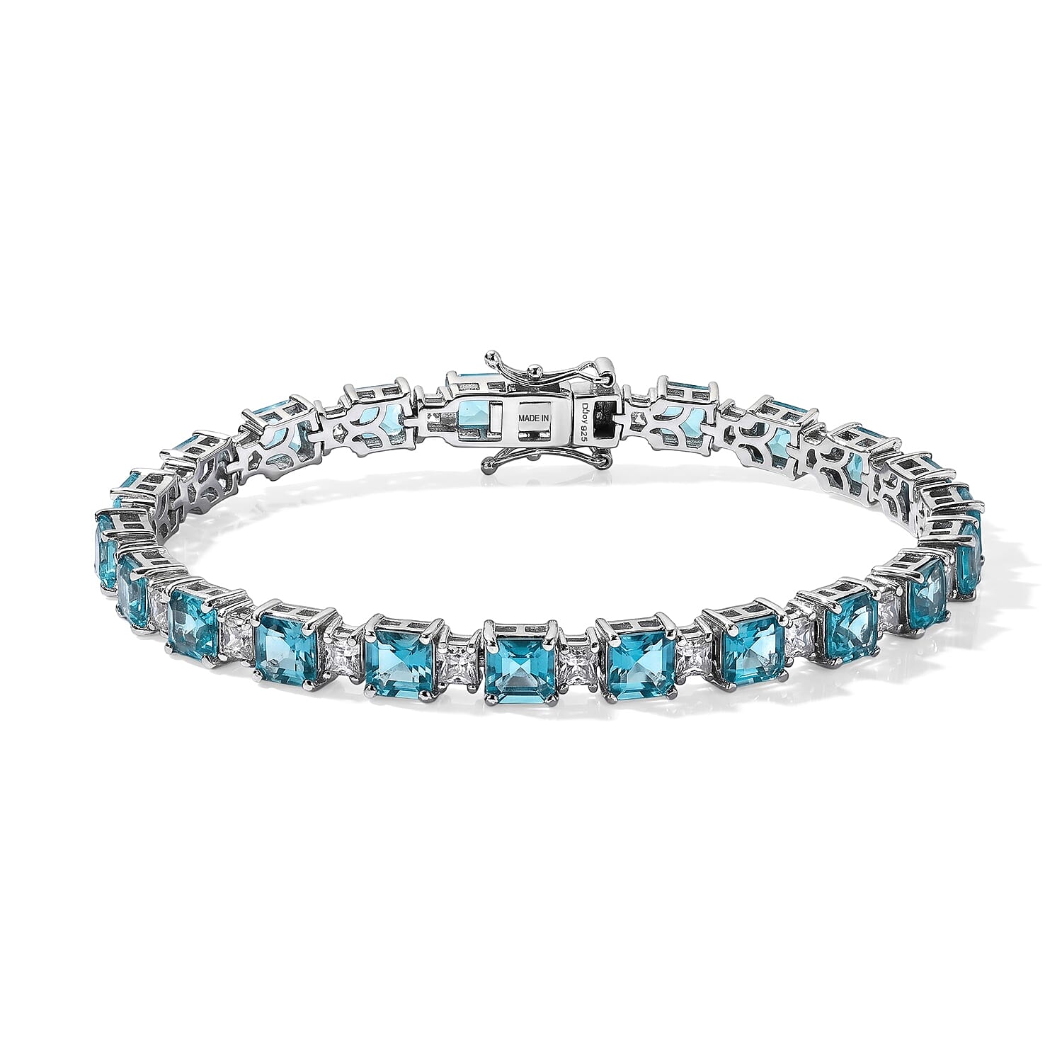 D'Joy Premium Asscher Cut Betroka Blue Apatite and Moissanite 16.75 ctw Bracelet in Rhodium Over Sterling Silver (7.25 In)