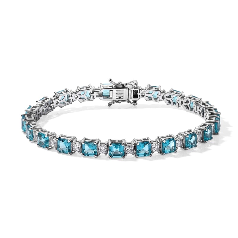 D'Joy Asscher Cut Premium Betroka Blue Apatite and Moissanite 16.75 ctw Architectural Grid Window Bracelet in Rhodium Over Sterling Silver (7.25 In)
