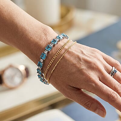 D'Joy Premium Asscher Cut Betroka Blue Apatite and Moissanite 16.75 ctw Bracelet in Rhodium Over Sterling Silver (7.25 In)