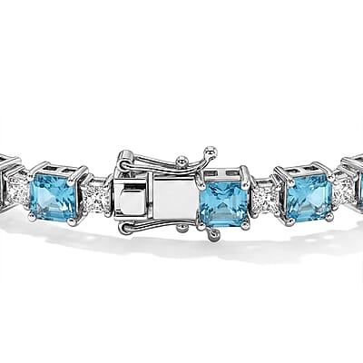 D'Joy Premium Asscher Cut Betroka Blue Apatite and Moissanite 16.75 ctw Bracelet in Rhodium Over Sterling Silver (7.25 In)