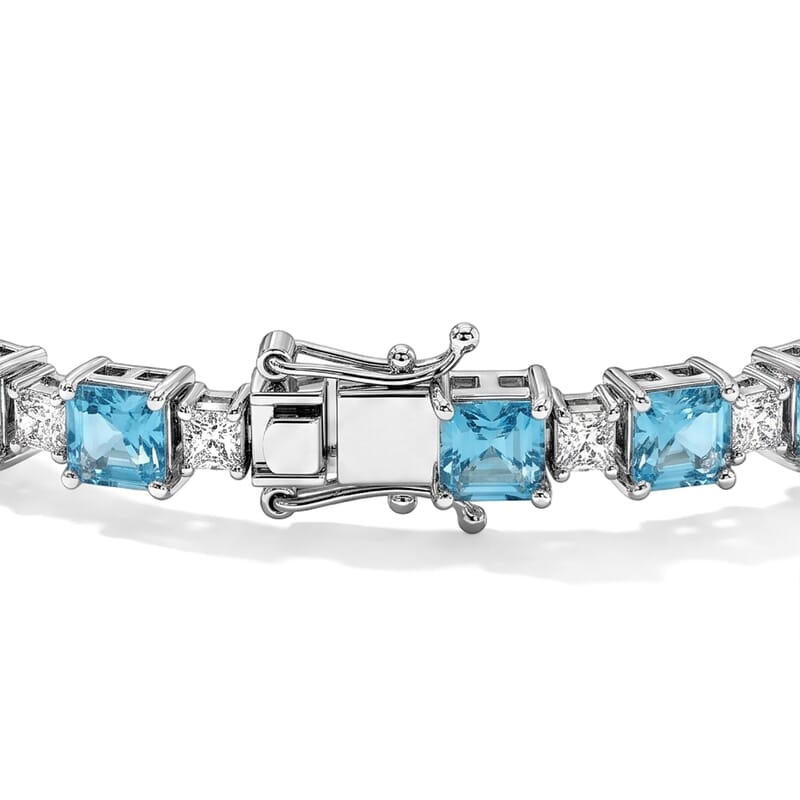 D'Joy Asscher Cut Premium Betroka Blue Apatite and Moissanite 16.75 ctw Architectural Grid Window Bracelet in Rhodium Over Sterling Silver (7.25 In)