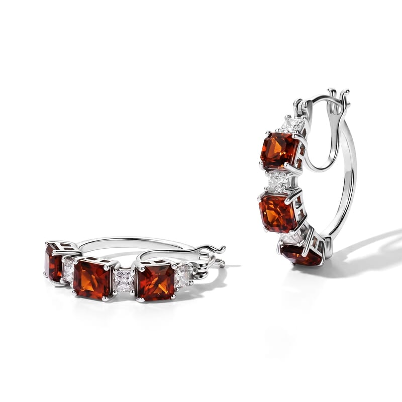 D'Joy Asscher Cut Premium Red Citrine and Moissanite 5.00 ctw Architectural Grid Window Hoop Earrings in Rhodium Over Sterling Silver