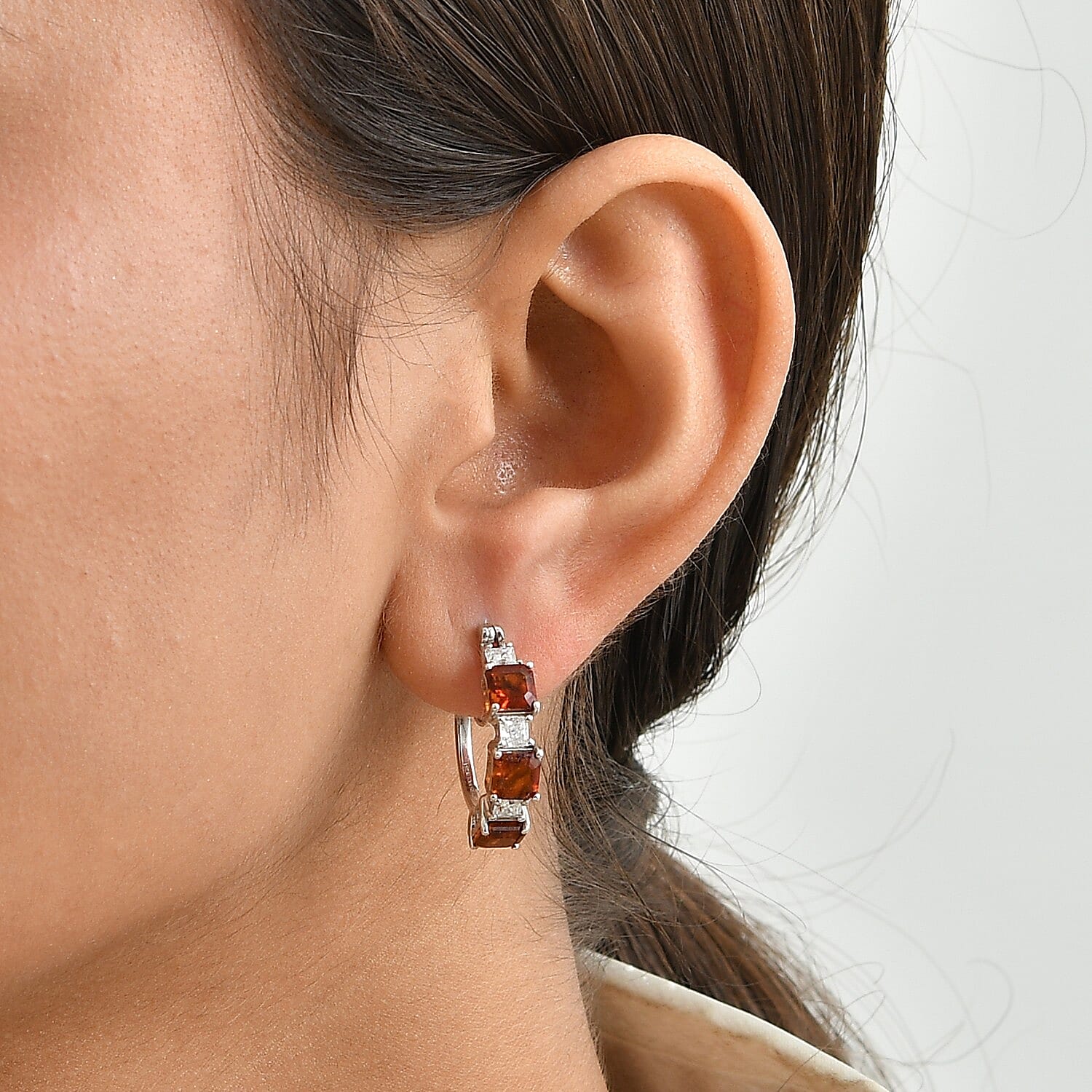 D'Joy Asscher Cut Premium Red Citrine and Moissanite 5.00 ctw Hoop Earrings in Rhodium Over Sterling Silver
