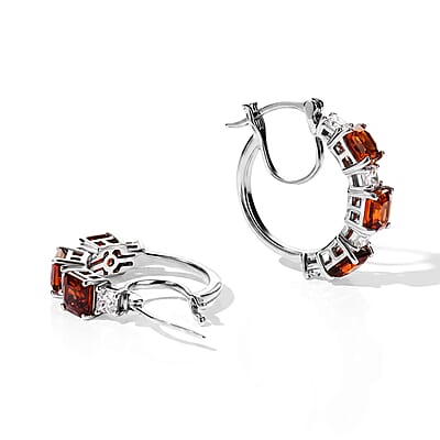 D'Joy Asscher Cut Premium Red Citrine and Moissanite 5.00 ctw Hoop Earrings in Rhodium Over Sterling Silver