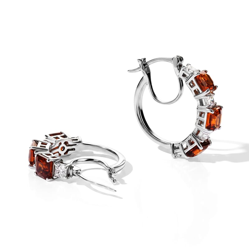 D'Joy Asscher Cut Premium Red Citrine and Moissanite 5.00 ctw Architectural Grid Window Hoop Earrings in Rhodium Over Sterling Silver