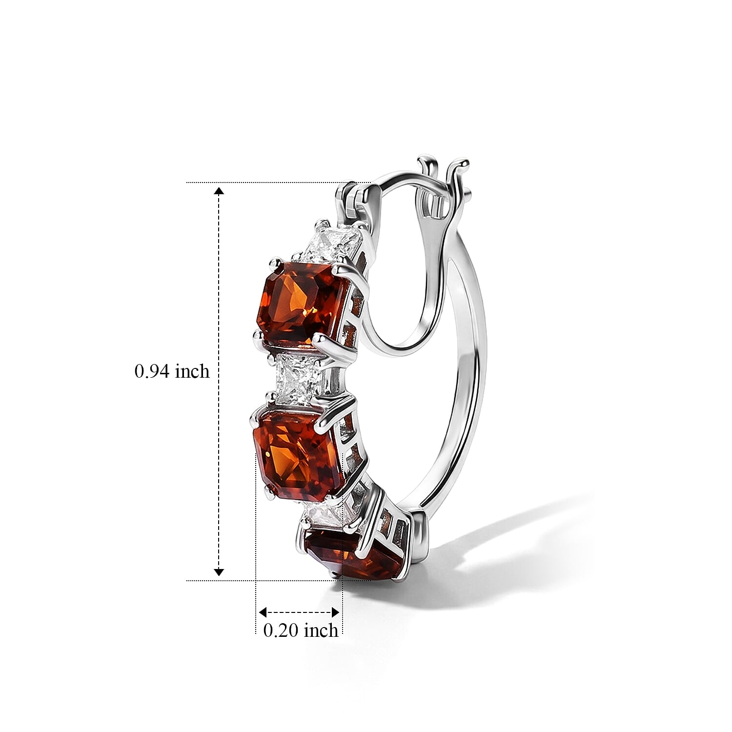 D'Joy Asscher Cut Premium Red Citrine and Moissanite 5.00 ctw Hoop Earrings in Rhodium Over Sterling Silver
