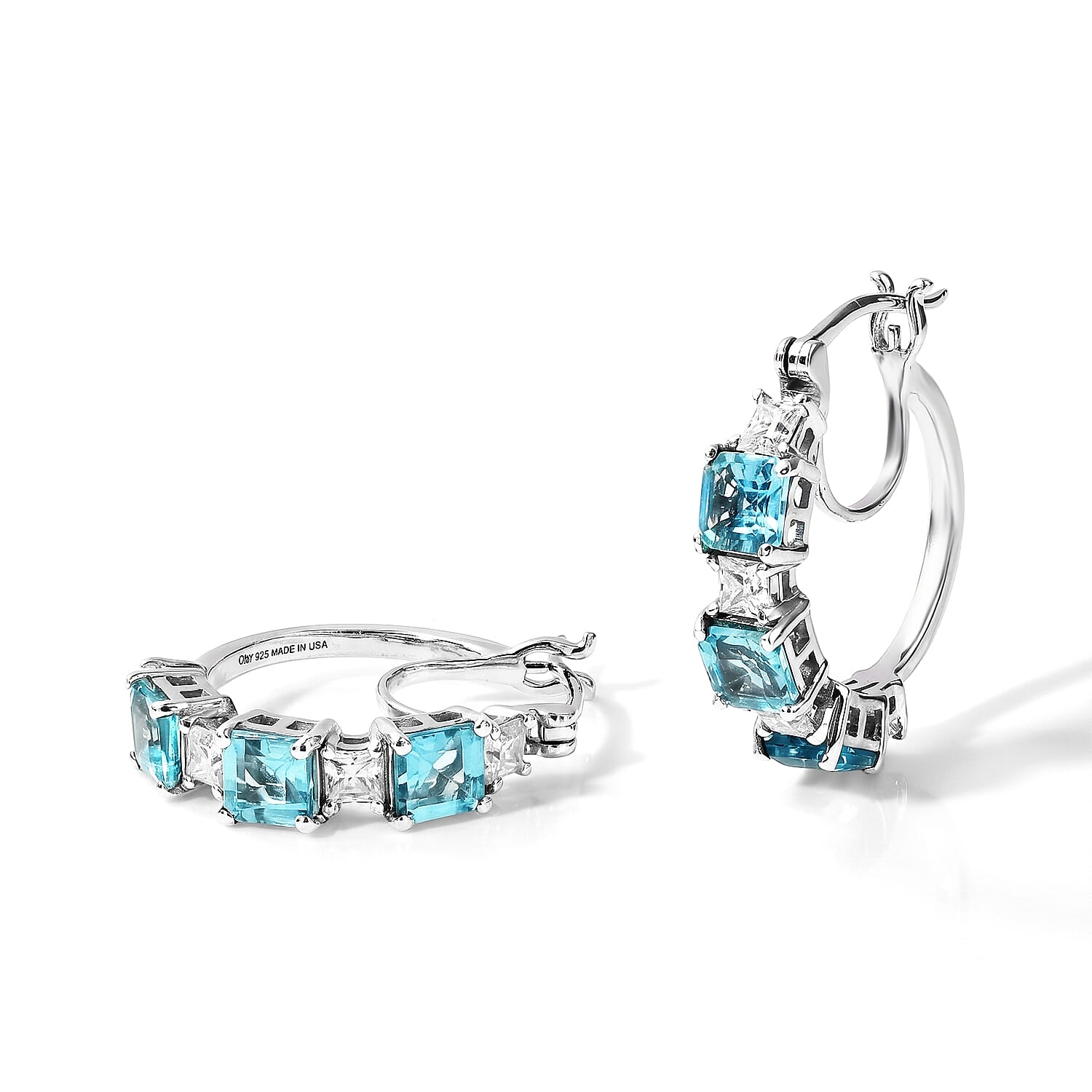D'Joy Asscher Cut Premium Paraiba Apatite and Moissanite 4.75 ctw Architectural Grid Window Hoop Earrings in Rhodium Over Sterling Silver