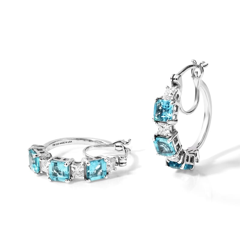 D'Joy Asscher Cut Premium Paraiba Apatite and Moissanite 4.75 ctw Architectural Grid Window Hoop Earrings in Rhodium Over Sterling Silver