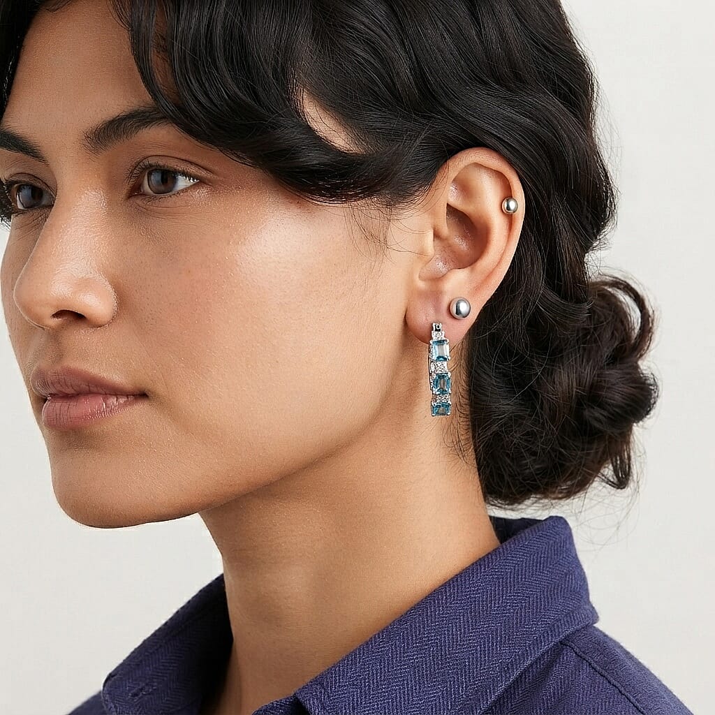 D'Joy Asscher Cut Premium Paraiba Apatite and Moissanite 4.75 ctw Architectural Grid Window Hoop Earrings in Rhodium Over Sterling Silver