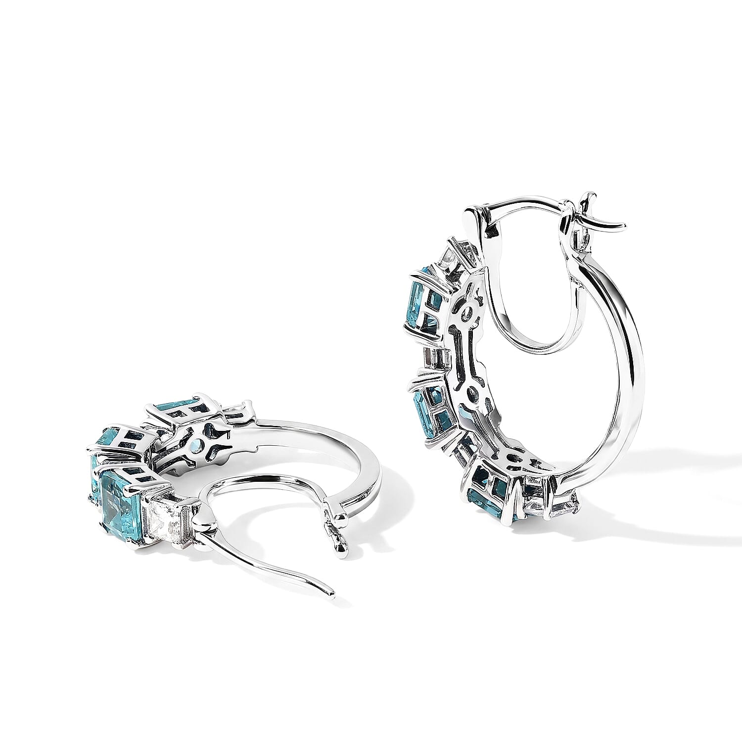 D'Joy Asscher Cut Premium Paraiba Apatite and Moissanite 4.75 ctw Architectural Grid Window Hoop Earrings in Rhodium Over Sterling Silver