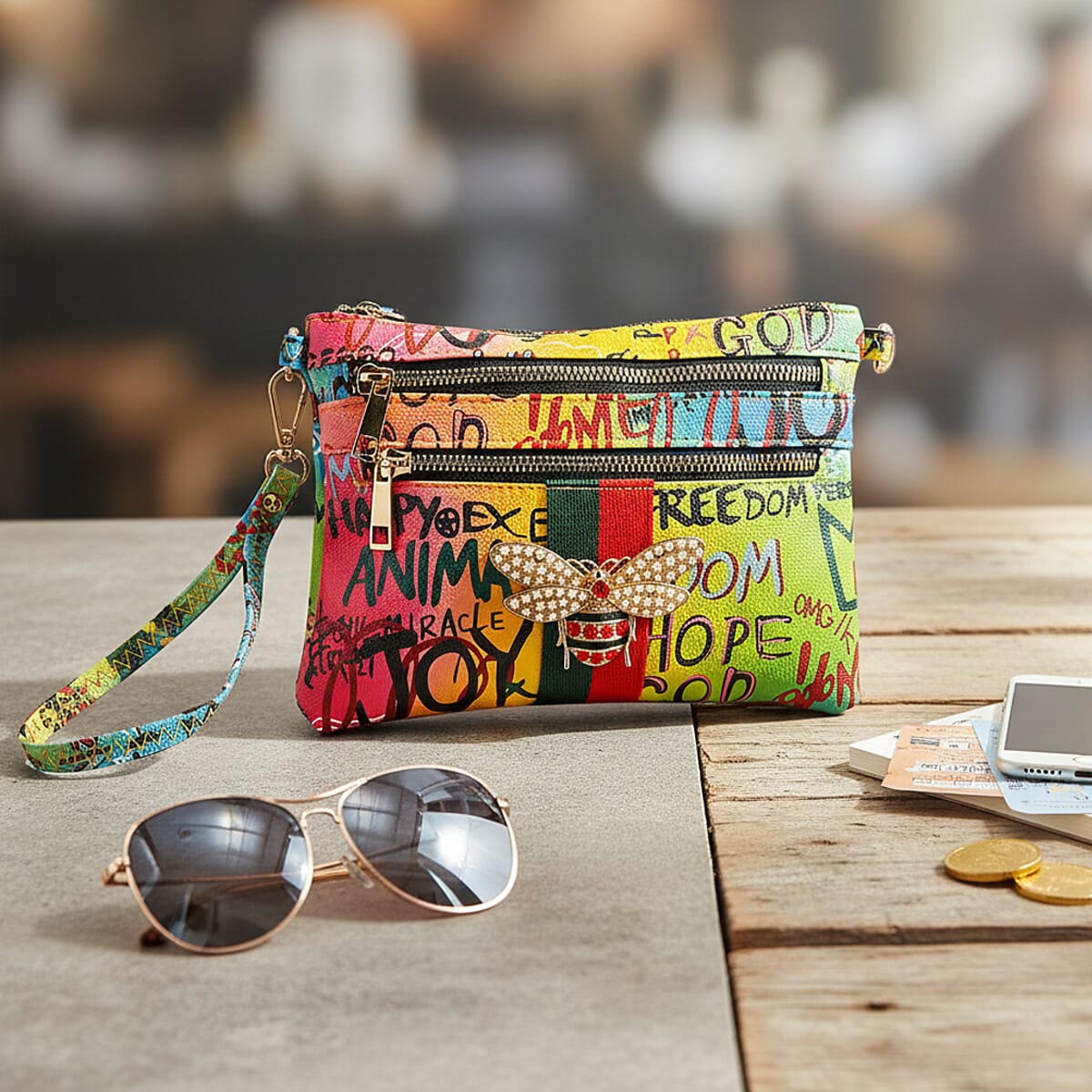 Closeout Chunma Multi Color Graffiti Bee Faux Leather Clutch Crossbody Bag  image number 1